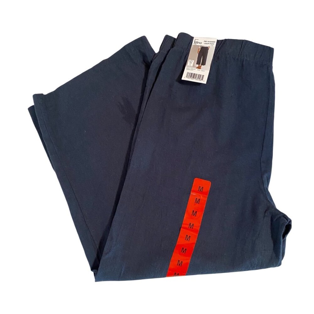 FELINA Pre-Washed Crop Pants MED Navy Elastic Waist Cotton Linen Blend
